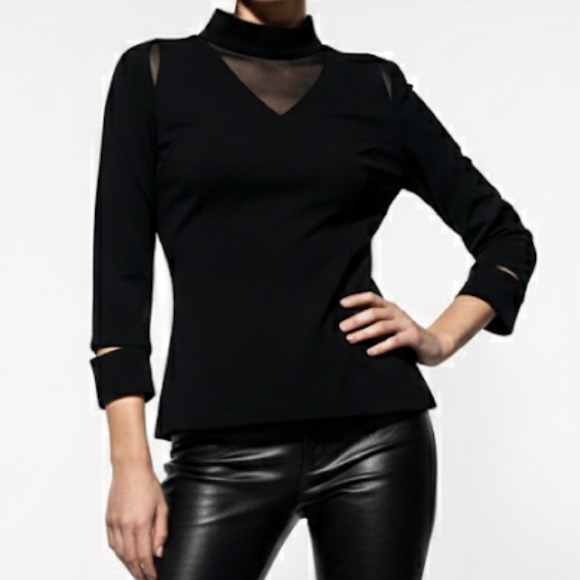 Miss Sixty 90s Black Mock Neck Cut-Out Top Zip-Back 3/4 Sleeve Blouse Size M/L